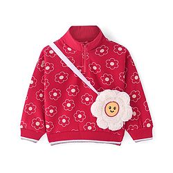 Babyhug Cotton Knit Full Sleeves High Neck Sweatshirt with Sling Bag & Floral Print - Red