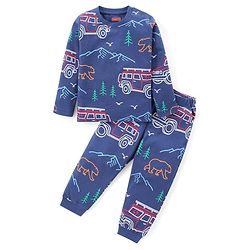 Babyhug Cotton Knit Full Sleeves Night Suit With Bear & Jeep Print - Navy