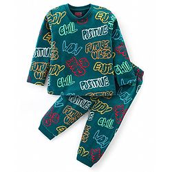 Babyhug Cotton Knit Full Sleeves Night Suit with Text Print - Green
