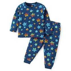 Babyhug Cotton Knit Full Sleeves Night Suit With Stars Print - Navy