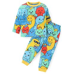 Babyhug Cotton Knit Full Sleeves Night Suit Dino Print - Navy Blue