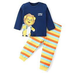 Babyhug Cotton Knit Full Sleeves Night Suit With Stripes & Lion Print - Navy Blue