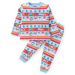 Babyhug Cotton Knit Full Sleeves Night Suit With Christmas Theme Print - Blue