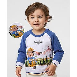 Babyhug Cotton Knit Full Raglan Sleeves Sweatshirts With Quilted Design & Bear Print - Blue