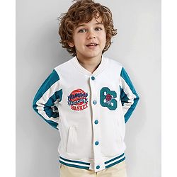 Babyhug Cotton Knit Full Sleeves Bomber Jacket with Text Embroidery - White & Teal Blue