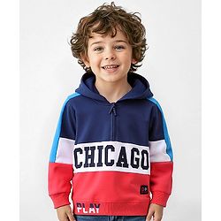Babyhug Cotton Knit Full Sleeves Text Printed Colour Block Hooded Sweatshirt - Navy Blue White & Orange