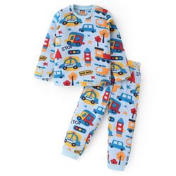 Babyhug Cotton Knit Full Sleeves Night Suit With Cars Print - Blue