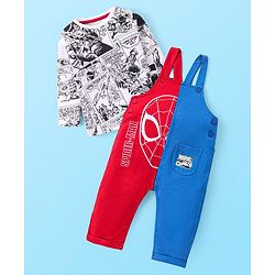 Babyhug Marvel Cotton Knit Full Sleeves Spider Man Graphic T-Shirt & Full Length Cut & Sew Dungaree Set - Red & Navy Blue