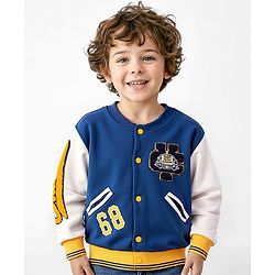 Babyhug Cotton Knit Full Sleeves Front Open Bomber Jacket with Patch Detailing - Blue