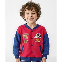Babyhug Cotton Knit Full Sleeves Drop Shoulder Front Open Bomber Jacket with Patch Detailing - Red