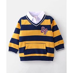 Babyhug Cotton Popcorn Knit Full Sleeves Overlapped Polo Collar T-Shirt with Kangaroo Pocket & Embroidery Detailing - Navy & Yellow