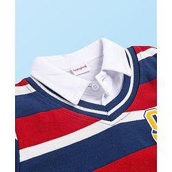 Babyhug Cotton Knit Full Sleeves Overlapped Striped T-Shirt With Embroidery Detailing & Kangaroo Pockets - Red