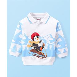 Babyhug Cotton Knit Full Sleeves Collar Neck Sweatshirt with Penguin Print - White