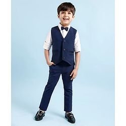 Babyhug Woven Full Sleeves Solid 3 Pieces Party Suit - White & Navy Blue