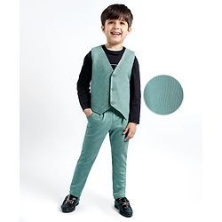 Babyhug Woven Full Sleeves Text Printed Party T-Shirt & Trouser With Waistcoat - Mint Green & Black