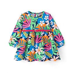 Babyhug Loop Knit Floral Printed Full Sleeves Winter Frock - Navy Blue & Green