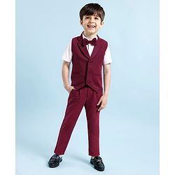 Babyhug Woven Full Sleeves Solid Colour 3 Piece Party Suit with Bow - Maroon & White