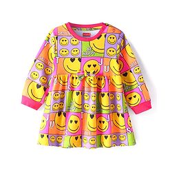 Babyhug Single Jersey Knit Full Sleeves Winter Frock with Smiley Print & Bow Applique- Yellow & Dark Pink
