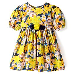 Babyhug Poplin Woven Half Puffed Sleeves Frock With Floral Print & Corsage - Yellow