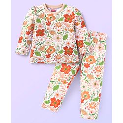 Babyhug Cotton Knit Full Sleeves Night Suit Floral Print - Peach