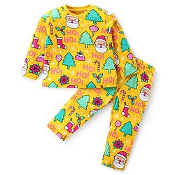 Babyhug Cotton Knit Full Sleeves Night Suit With Christmas Theme Print - Yellow