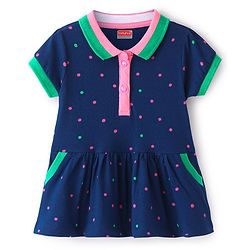 Babyhug Single Jersey Cap Sleeves Knee Length Collar Neck Frock with Pockets & Polka Dot Print - Navy