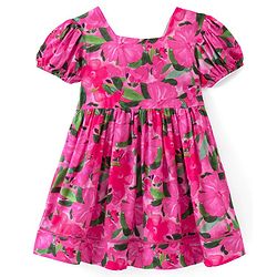 Babyhug Cotton Rayon Half Sleeves Knee Length Fit and Flare Frock Floral Print - Dark Pink