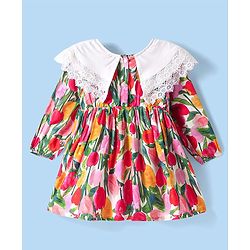 Babyhug Cotton Rayon Woven Full Peasant Sleeves Floral Printed Dress - Pink Red & Green