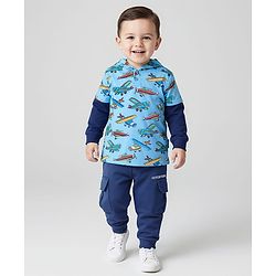 Babyhug Cotton Knit Doctor Sleeves Hooded T-Shirt & Lounge Pants Set With Airplanes Print - Light Blue