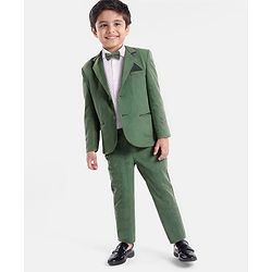 Babyhug Knit Full Sleeves Solid Colour 3 Piece Party Suit With Bow - Green