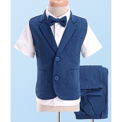 Babyhug Woven Full Sleeves Solid Colour 3 Piece Party Suit with Bow - Blue & White