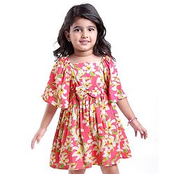 Babyhug Cotton Rayon Woven Flutter Sleeves Floral Printed Frock with Bow Applique - Pink
