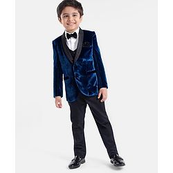 Babyhug Velvet Woven Full Sleeves 4 Piece Solid Colour Party Suit - Navy Blue