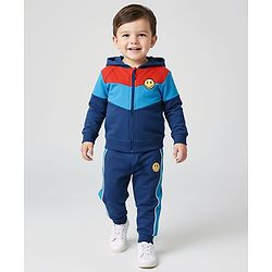 Babyhug Terry Knit Full Raglan Sleeves Hooded Sweatjacket & Joggers Set with Cut & Sew Design - Blue & Red