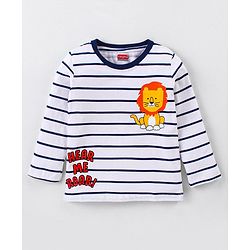Babyhug Cotton Knit Full Sleeves T-Shirt with Stripes & Lion Print - White