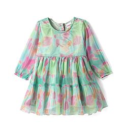 Babyhug Woven Full Peasant Sleeves Tie & Dyed Tiered Flared Frock - Sea Green
