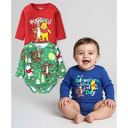 Babyhug Disney Cotton Knit Full Sleeves Winne The Pooh Graphics Onesies Pack of 3 - Red Green & Blue
