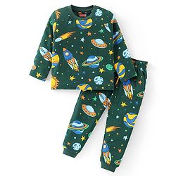 Babyhug Cotton Knit Full Sleeves Night Suit With Space Theme Print - Dark Green