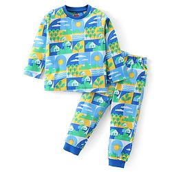 Babyhug Cotton Knit Full Sleeves Night Suit With Scenic Print - Blue