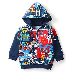 Babyhug Cotton Knit Full Sleeves Hooded Sweatshirt With Text Print - Blue