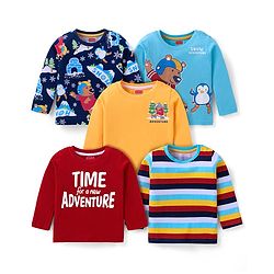Babyhug Cotton Knit Full Sleeves T-Shirts with Stripes & Animal Graphics Pack of 5 - Blue Maroon & Yellow