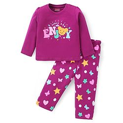 Babyhug Cotton Knit Full Sleeves Night Suit with Text & Heart Print - Violet