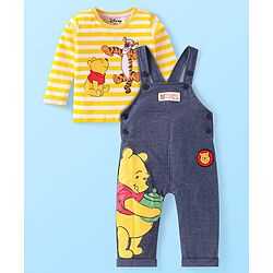 Babyhug Disney Cotton Knit Full Sleeves Striped Winnie The Pooh Printed T-Shirt & Dungaree Style Romper - Blue & Yellow