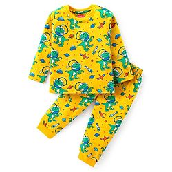 Babyhug Cotton Knit Full Sleeves Night Suit Dino Print- Yellow