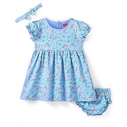 Babyhug Knit Half Cap Sleeves Floral Printed Frock With Headband & Bloomer - Light Blue