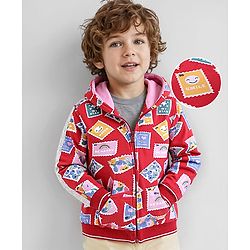 Babyhug Cotton Knit Full Sleeves Hooded Sweatjacket with Postcards Print - Red