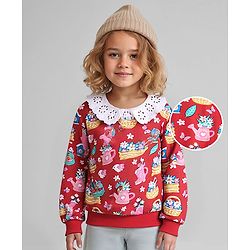 Babyhug Knit Full Drop Shoulder Sleeves Sweatshirt with Floral Graphics & Lace Detailing - Red