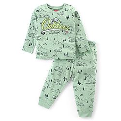 Babyhug Cotton Knit Full Sleeves Night Suit With Outdoor Camping Print - Green