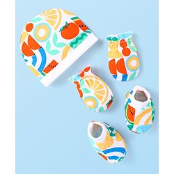 Babyhug Cotton Interlock Knit Cap Mittens & Booties Set Fruits Print - Multicolor