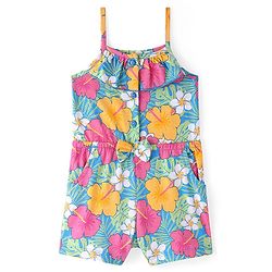 Babyhug Cotton Knit Singlet Sleeves Floral Printed Jumpsuit - Blue & Pink